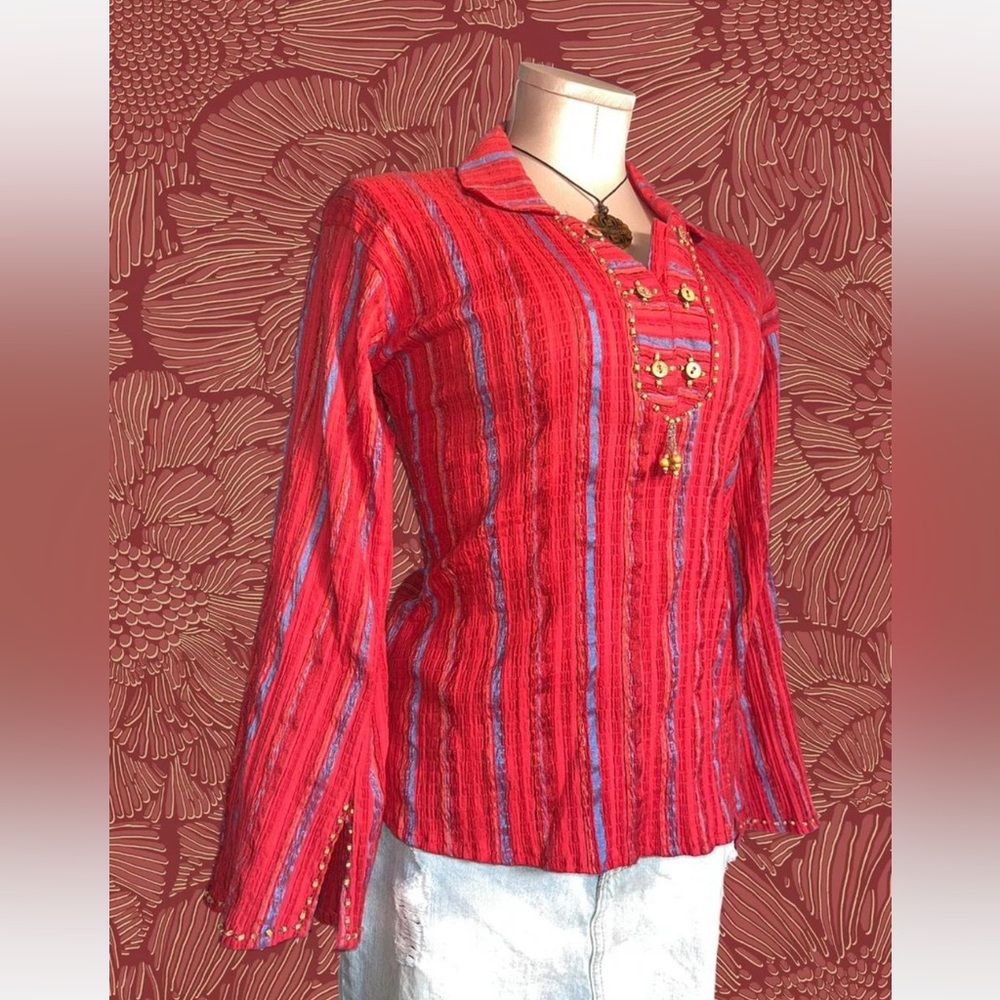 Vintage 60s/70s red boho hippie beaded blouse